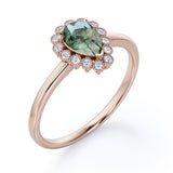 Delicate Minimalist 1.50 Carat Pear Shape Milky Dendritic Moss Green Agate and Diamond Floral Cluster Engagement Ring in Rose Gold