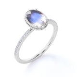 Simple Art Deco 1.25 Carat Oval Cut Rainbow Moonstone Ring with Authentic Diamond in Rose Gold