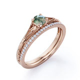 Dainty Solitaire 1.25 Carat Round Cut Genuine Dendritic Moss Agate with Diamond Pave Band Art Deco Wedding Ring Sets