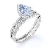 Halo 1.75 ct Pear Aquamarine Art Deco Wedding Ring Set