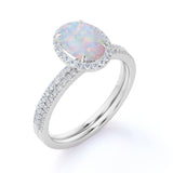 1.75 ct Halo Oval Cut Fire Opal and Moissanite Antique Wedding Ring Set in 18K White Gold over Silver