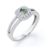 Double Halo 1.55 Carat Round Cut Green Moss Agate And Diamond Split Shank Engagement Ring In White Gold