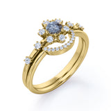 Modern Cluster 0.75 Carat Round Cut Dendritic Black Rutilated Quartz and Diamond Snowflake Bridal Set Rings