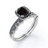 Pave-Accented Halo 1.6 TCW Cushion Cut Lab Created Black Diamond Milgrain Filigree Wedding Ring Set in White Gold