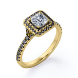 Double Halo Design - 1.45 TCW Princess Cut Moissanite with Lab Created Black Diamond - Engagement Ring with Pave Accents in Black Gold