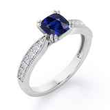 Beaded Eight Prongs 1.25 Carat Cushion Cut Sapphire And Diamond Antique Milgrain Engagement Ring In Rose Gold