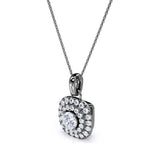 Classic Prong Set 1.50 Carat Round Certified Moissanite and Diamond Double Halo Stud Pendant Necklace in Yellow Gold