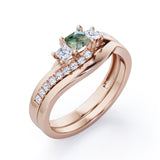 3 Stone Shared Prong - 1 TCW Princess Cut Green Moss Agate and Moissanite - Pave Curved Shank Wedding Set - Rose Gold