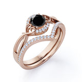 Artdeco 1.50 Carat Round cut Lab Black Diamond Trio Wedding Bridal Ring Set White Gold