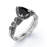 Eternity Crossover 1.75 TCW Pear Shaped Lab Created Black Diamond Halo-Vintage Style Wedding Ring Set in White Gold