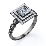 Scalloped 1.1 carat Princess Cut Moissanite and Diamond Engagement Ring in Black Gold