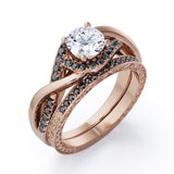 Filigree Tension-Halo 1.5 TCW Round Shape Moissanite with Lab Created Black Diamond Twisted Half Pave Wedding Set in Black Gold