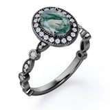 Vintage Halo 1.35 Carat Oval Cut Green Moss Agate And Diamond Art Deco Engagement Ring In Rose Gold