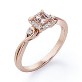 Prong and Halo 0.6 carat Princess Morganite and Moissanite Twisted Shank Engagement Ring in Rose Gold