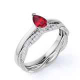 Stylish Prong Solitaire 1.25 Carat Pear Cut Lab Ruby and Diamond Infinity Wedding Ring Set in White Gold