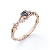 Solitaire Leaf Design 0.60 Carat Round Cut Transparent Druzy Black Rutilated Quartz and Diamond Infinity Engagement Ring