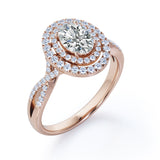 Infinity 1.75 Carat Oval Cut Moissanite and Diamond Double Halo Engagement Ring in Rose Gold