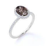Classic Halo 1.50 Carat Oval Cut Natural Druzy Black Brown Rutilated Quartz and Diamond Pave Engagement Ring