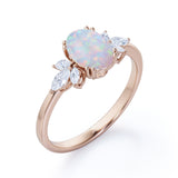 Leaf Design Eight Prongs 1.40 Carat Oval Cut Precious Fire Opal And Cubic Seven Stone Engagement Ring In Black Gold