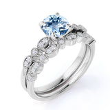 Art Deco 1.50 ct Round Aquamarine Bridal Ring Set