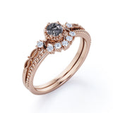 Trilogy Milgrain 0.65 Carat Round Cut Druzy Rutilated Quartz and Diamond Art Deco Wedding Set Rings for Her