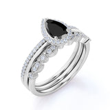 Bestselling 1.75 Carat Pear cut Trio Wedding Ring Set with Lab Black Diamond on Rose Gold for Her
