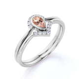 Bezel Set 1.75 Carat Almond Shape Morganite and Diamond Contour Wedding Set in Rose Gold