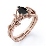 1 ct Pear Lab Black Diamond Leaf Style Bridal Set