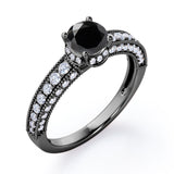Prong Set 1.45 Carat Round Cut Black Diamond Vintage Milgrain Engagement Ring In White Gold