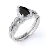 Beautiful 1.75 Carat Pear cut Lab Black Diamond Halo Wedding Ring Set in Rose Gold