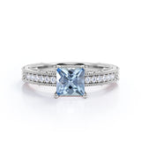 1.2 Carat Princess Cut Aquamarine And Diamond Antique Engagement Ring In White Gold