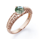 Beaded Art Deco 1 Carat Round Cut Green Moss Agate Solitaire Engagement Ring In White Gold