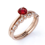 Artdeco 1.25 Carat Round cut Lab Ruby and Diamond Wedding Bridal Ring Set in White Gold