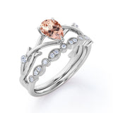 1.35 Carat pear cut Morganite and Diamond Halo art deco Wedding Ring Set in Rose Gold