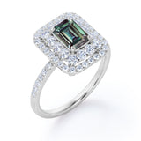 Clustered 1.75 Carat Emerald Cut Lab Created Alexandrite and Diamond Double Halo Pave Engagement Ring In White Gold.