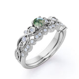 Antique Solitaire 1.25 Carat Round Cut Milky White Druzy Moss Green Agate with Diamond Marquise Dot Art Deco Band Wedding Ring Sets