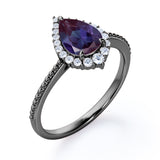 Vintage Beaded 1.35 Carat Tear Drop Lab Created Alexandrite And Diamond Halo Engagement Ring In White Gold