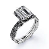 Crossover with Pave Accents - 1.75 TCW Emerald Cut Moissanite with Lab Created Black Diamond - Halo Bridal Ring Set in White Gold