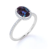 Minimalist 1.50 Carat Oval Cut Lab Made Alexandrite and Diamond Halo Pave Engagement Ring