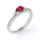 Three Stone Bezel Design 1.50 Carat Pear Shape Lab Ruby and Diamond Pave Wedding Ring Set in White Gold