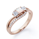 Shared Prongs 1 carat Princess Opal and Moissanite Split Shank Band Engagement Ring in Rose Gold