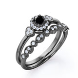 1.35 Carat Round Cut Lab Grown Black Diamond Halo Wedding Ring Set In White Gold
