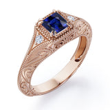 Vintage Milgrain 1.10 Carat Princess Cut Sapphire And Diamond Sharp Eight Claws Art Deco Engagement Ring In Rose Gold