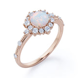Clustered Halo 1.30 Carat Round Cut Translucent Opal And Diamond Antique Beaded  Engagement Ring In White Gold