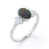 Butterfly style 1.25 Carat Oval Cut Natural Black Fiery Opal And Diamond Nature Inspired Engagement Ring In White Gold
