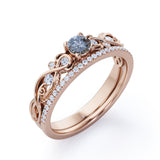 Minimalist Leaf Design 0.75 Carat Round Cut Genuine Black Grey Salt and Pepper Diamond Filigree with Diamond Pave Band Wedding Set Rings