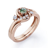 6 Prong Tension Design - 0.55 TCW Round Shaped Green Moss Agate and Moissanite - Flush Chanel Wedding Ring Set - Rose Gold