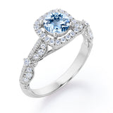 Antique Milgrain 1.35 Carat Round Cut Aquamarine And Diamond Halo Engagement Ring In White Gold