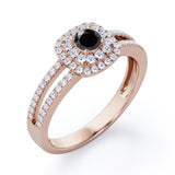 Split Shank 1.55 Carat Round Cut Black Diamond Double Halo  Engagement Ring In Black Gold
