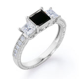Past, Present and Future 1.25 Carat Princess Cut lab created Black Diamond Vintage Milgrain Engagement Ring In White Gold